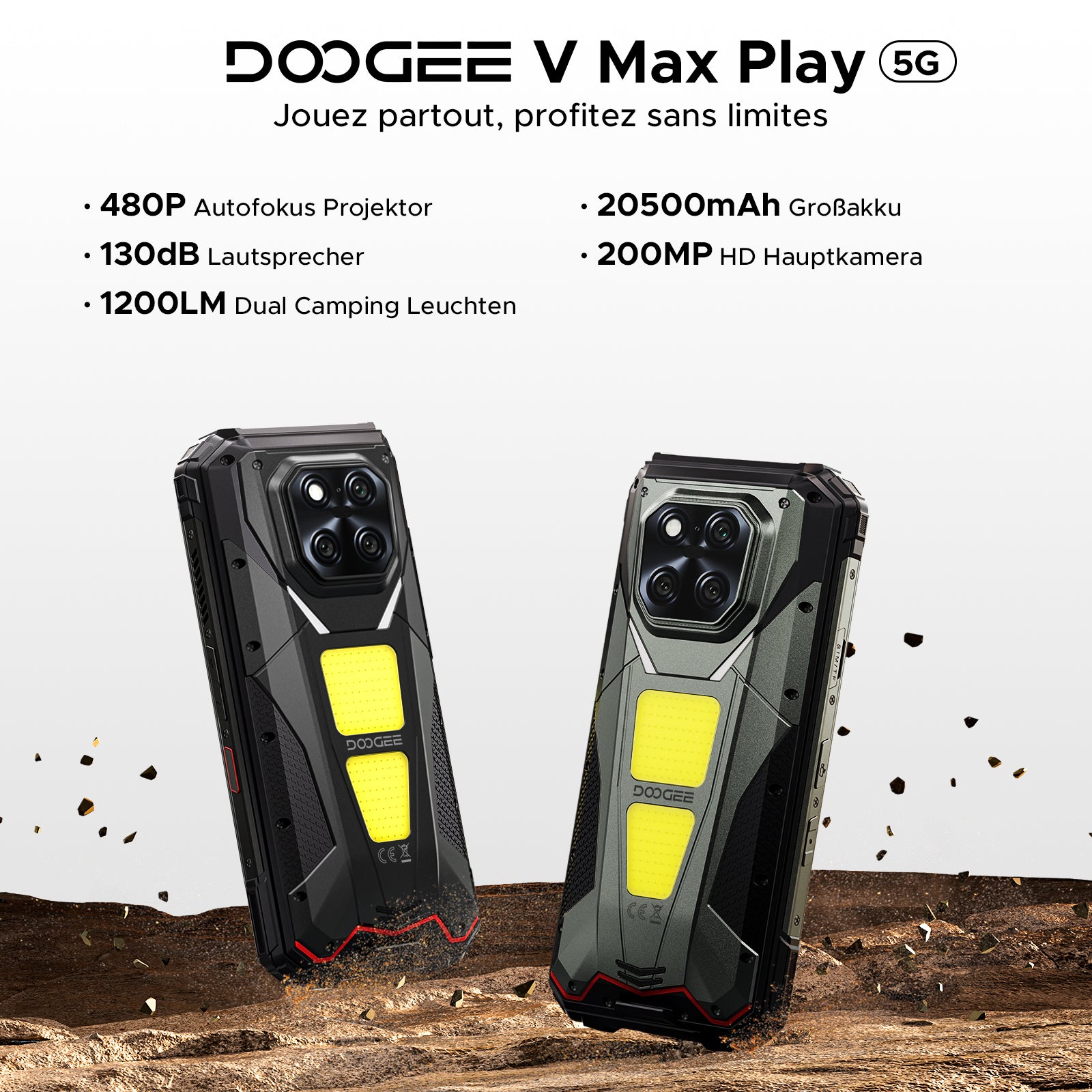 DOOGEE V Max Play 5G Outdoor-Telefon mit 480p-Projektor, 20500-mAh-Akku und 130-dB-Lautsprecher